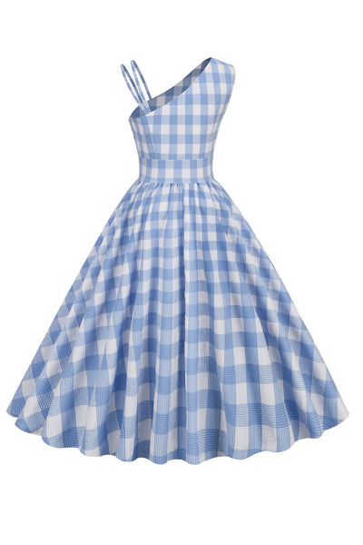 Vintage Asymmetrisk Kjole Med Blå Plaid