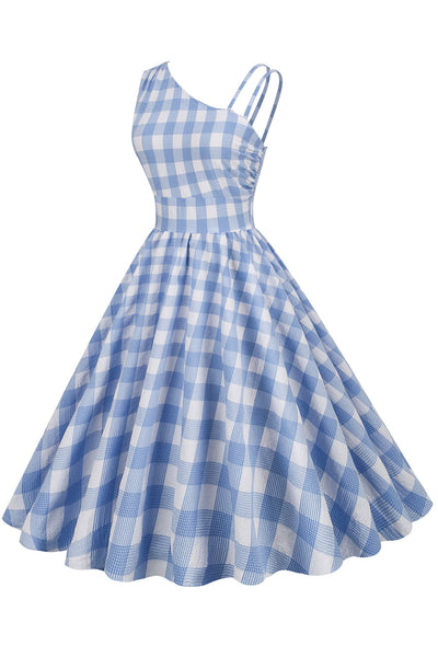 Vintage Asymmetrisk Kjole Med Blå Plaid