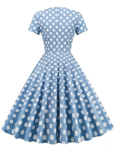 Vintage Blå Polka Prikker Åben Kjole