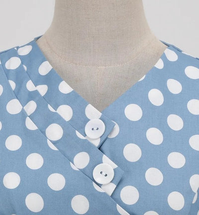 Vintage Blå Polka Prikker Åben Kjole