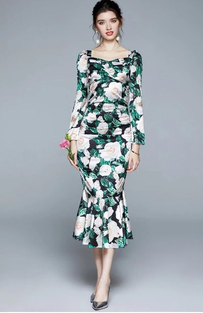 Vintage Grøn Blomster Ceremoni Kjole