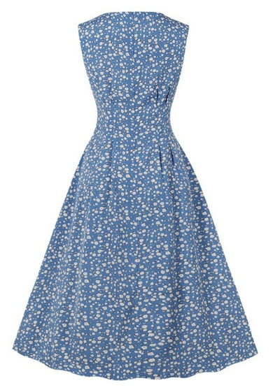 Vintage Blå Blusset Kjole Med Hvide Blomster