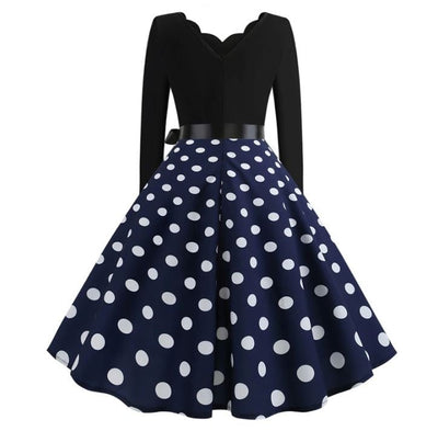 Vintage Flared Kjole Navy White Polka Dots