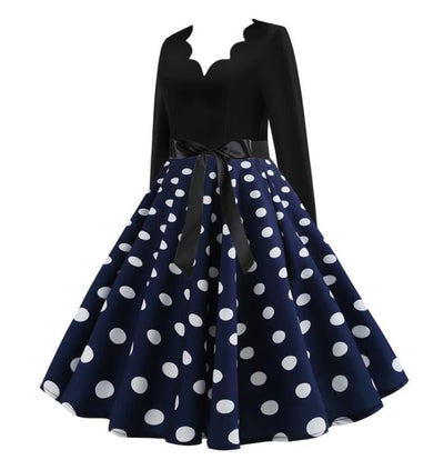 Vintage Flared Kjole Navy White Polka Dots