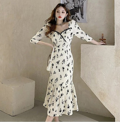 Vintage Kakiblomstret Lang Kjole