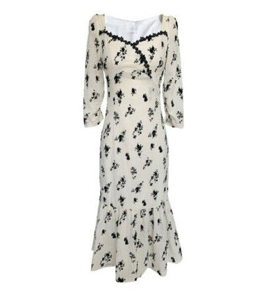 Vintage Kakiblomstret Lang Kjole