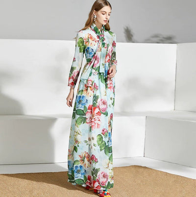 Grøn Vintage Blomster Lang Kjole