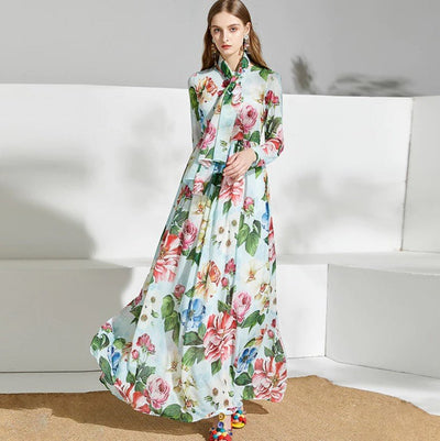 Grøn Vintage Blomster Lang Kjole