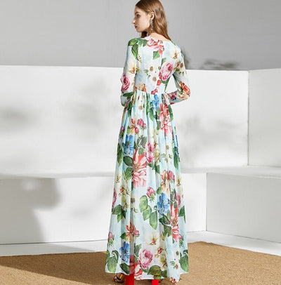 Grøn Vintage Blomster Lang Kjole