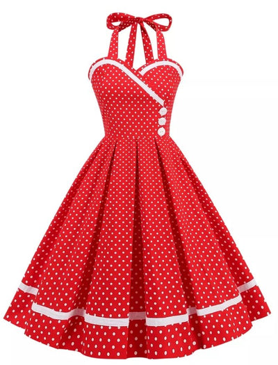 Vintage Rød Rund Hals Polka Dot Kjole