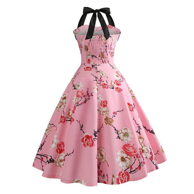 Vintage Pink Pin-Up Kjole Med Blomster