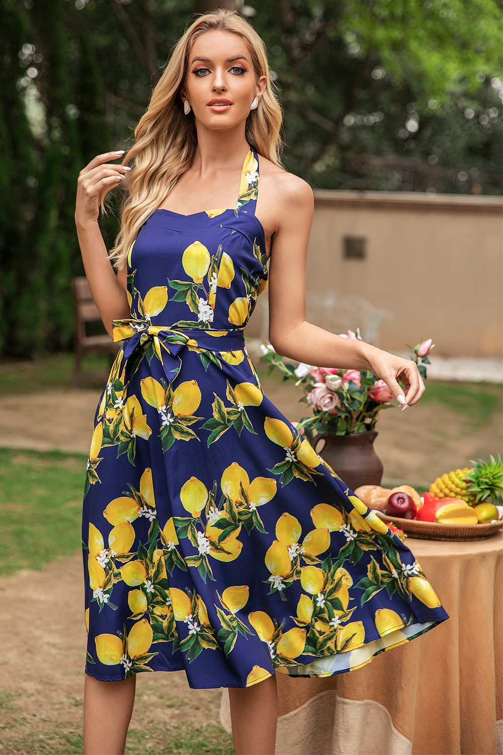 Lemon Navy Pin Up Halter Dress