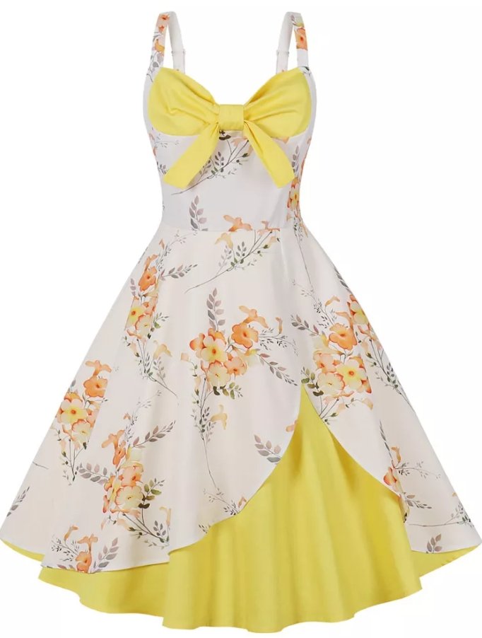 Petite Vintage Gul Og Hvid Blomsterkjole