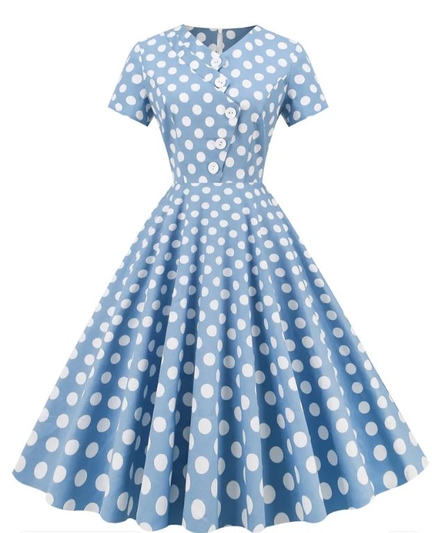 Vintage Blå Polka Prikker Åben Kjole