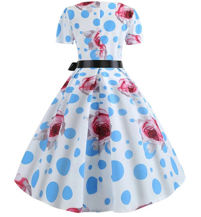 50'er Blå Polka Dot Flower Kjole