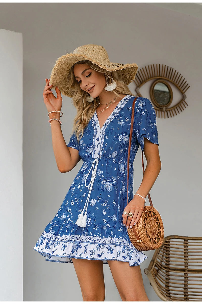 Blå Vintage Blomsterkjole