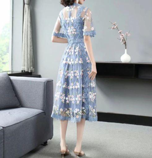 Blå Kjole Vintage Blomster