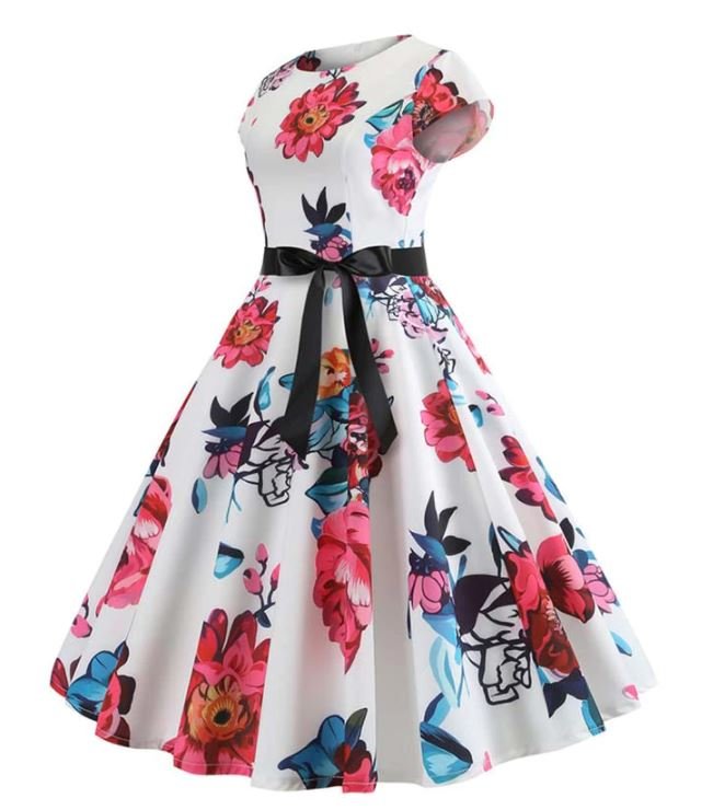 Hvid Og Pink Vintage Flared Kjole