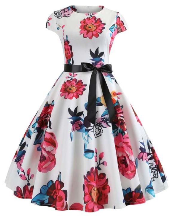 Hvid Og Pink Vintage Flared Kjole