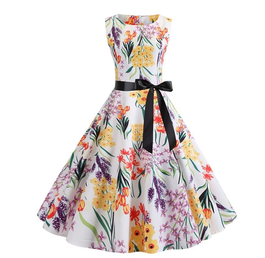 Hvid Vintage Blusset Kjole Med Varme Blomster