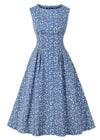 Vintage Blå Blusset Kjole Med Hvide Blomster