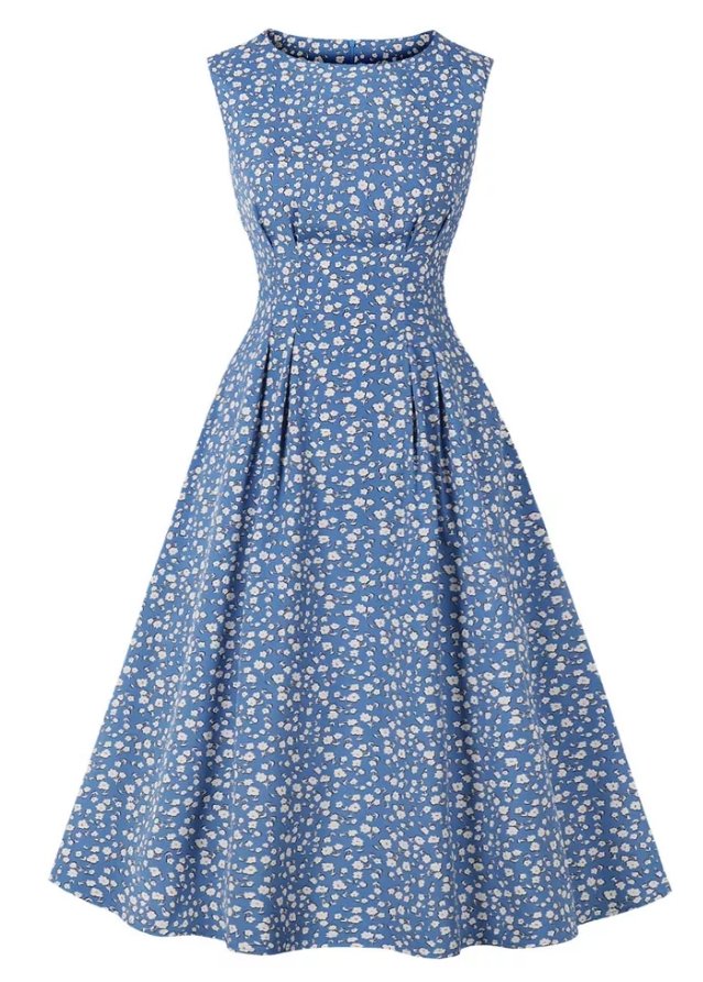 Vintage Blå Blusset Kjole Med Hvide Blomster