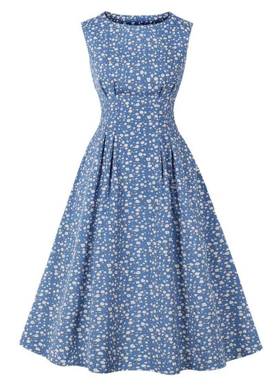 Vintage Blå Blusset Kjole Med Hvide Blomster