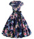 Vintage Blå Little Leaves Flared Kjole