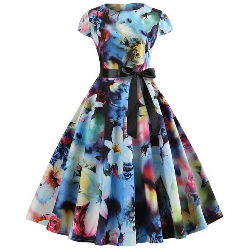 Vintage Pastel Flowers Flared Kjole