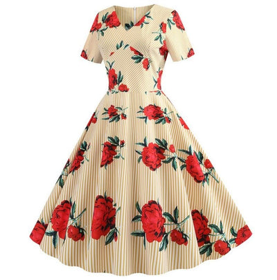 Vintage Gule Blomster Flared Kjole