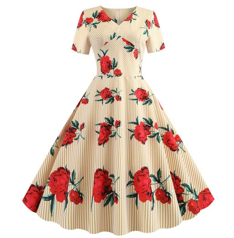 Vintage Gule Blomster Flared Kjole