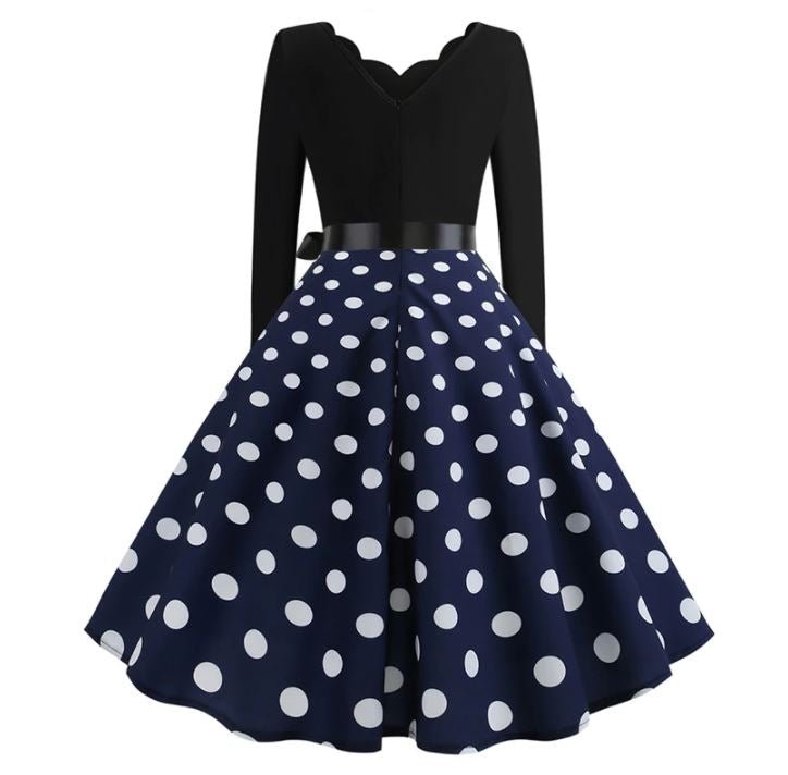 Vintage Flared Kjole Navy White Polka Dots