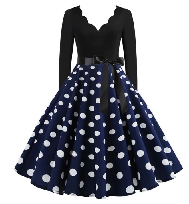 Vintage Flared Kjole Navy White Polka Dots
