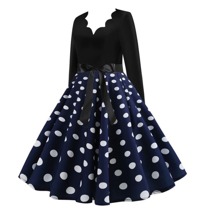 Vintage Flared Kjole Navy White Polka Dots