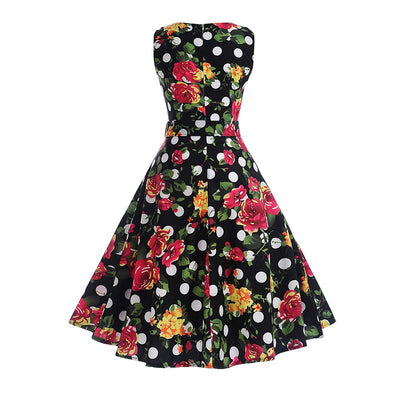Vintage Navy Polka Dot Flowers Flared Kjole