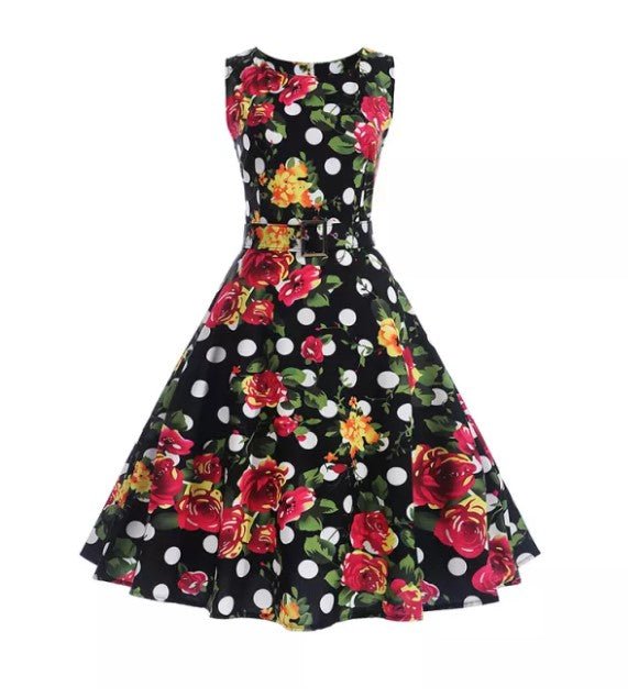 Vintage Navy Polka Dot Flowers Flared Kjole