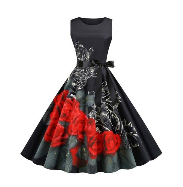 Vintage Sort Blomstret Blusset Kjole