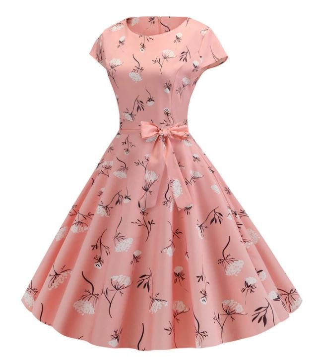 Vintage Pink Floral Flared Kjole