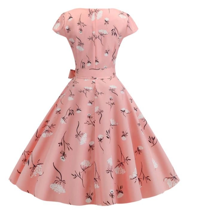 Vintage Pink Floral Flared Kjole