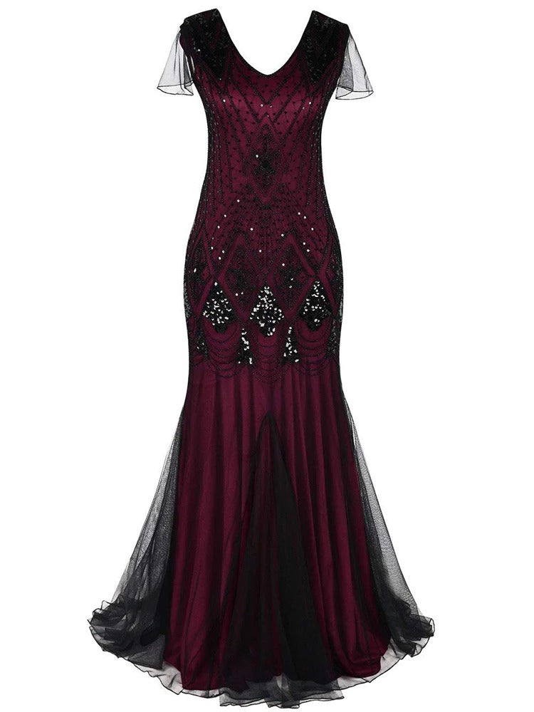 Bourgogne Og Sort Haute Couture Lang Gatsby-Kjole