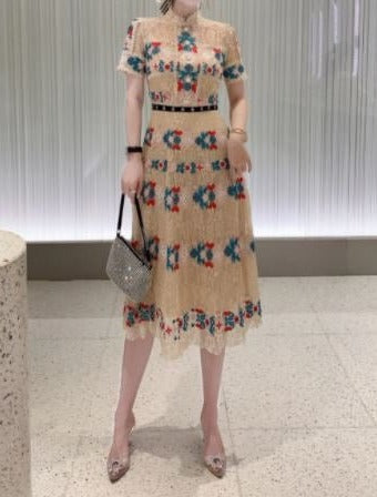 Lang Kjole Med Flæse Vintage Champagne