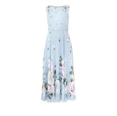 Vintage Blå Blomster Lang Kjole