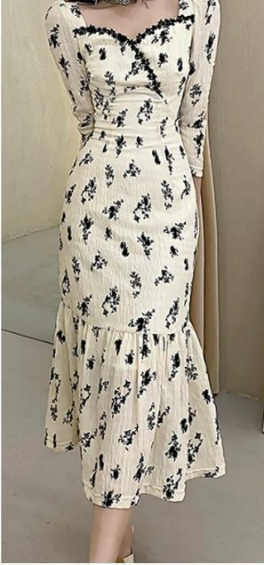 Vintage Kakiblomstret Lang Kjole