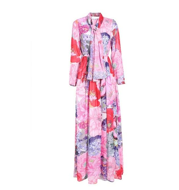 Vintage Pink Blomstret Lang Kjole