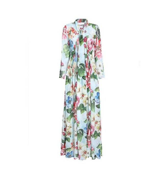 Grøn Vintage Blomster Lang Kjole