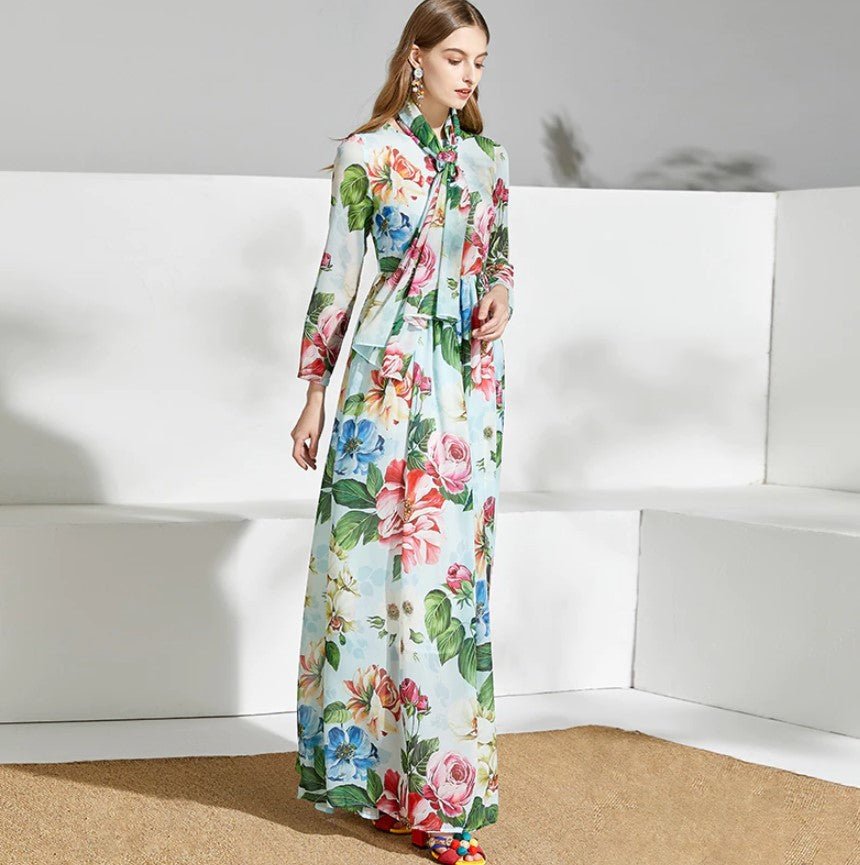 Grøn Vintage Blomster Lang Kjole