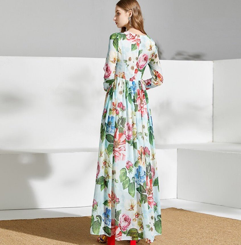 Grøn Vintage Blomster Lang Kjole