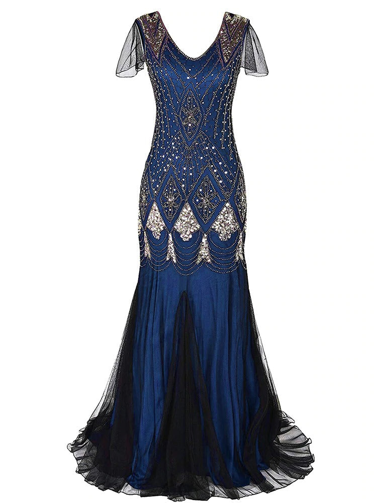 Lang Blå Haute Couture Gatsby Kjole