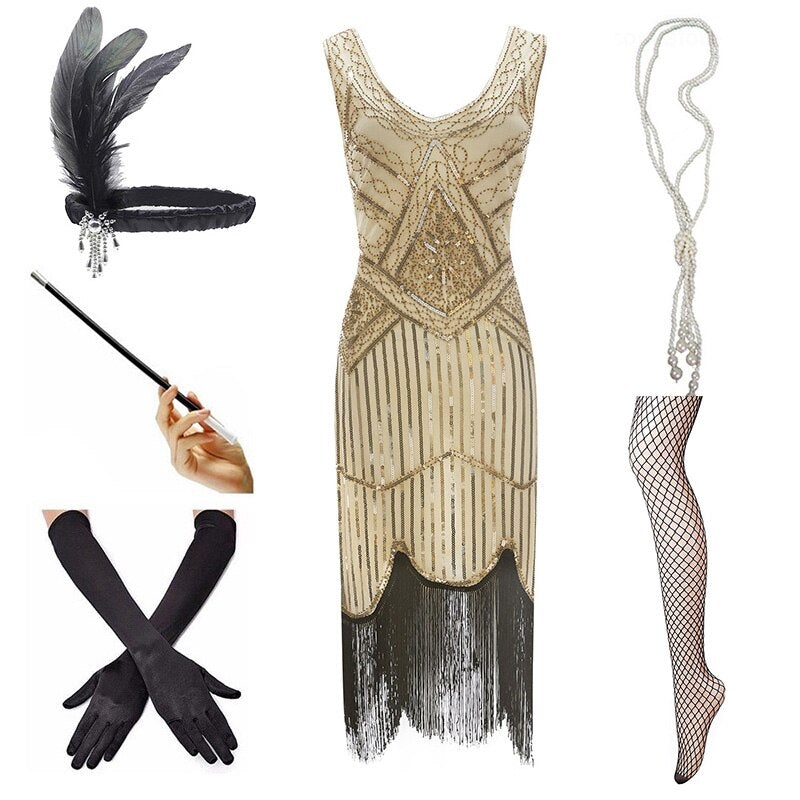 Vintage 1920 Kjole Beige Sort