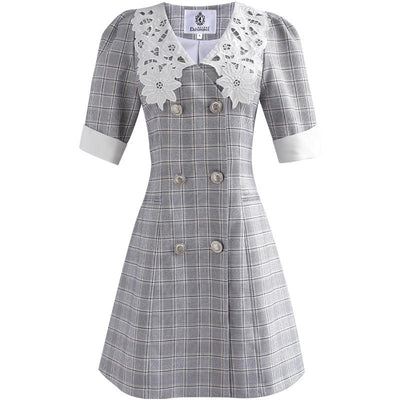Vintage Chic Grå Ternet Kjole